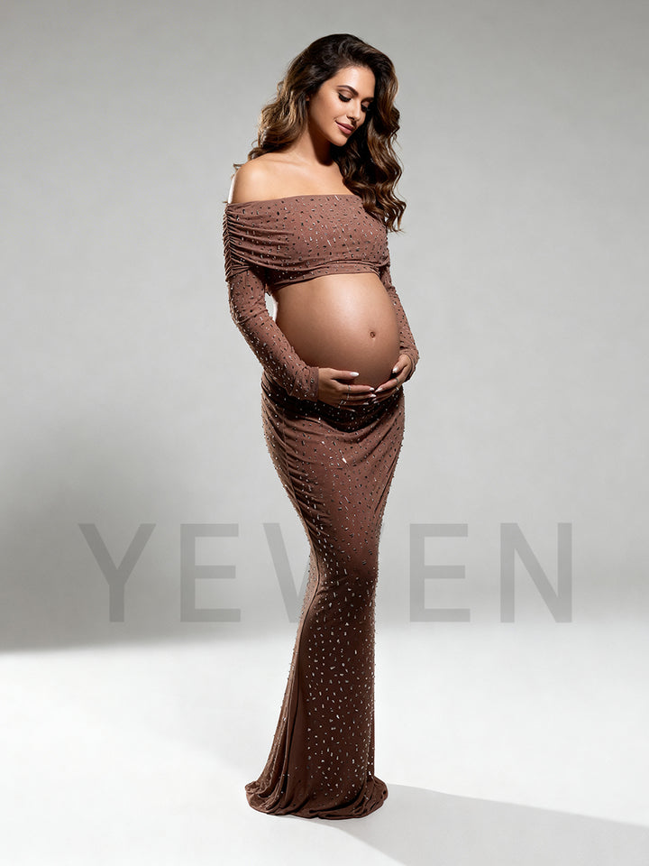 Off Shoulder Long Sleeve Maternity Photoshoot Dress 2 Piece Set Pregnancy Dresses