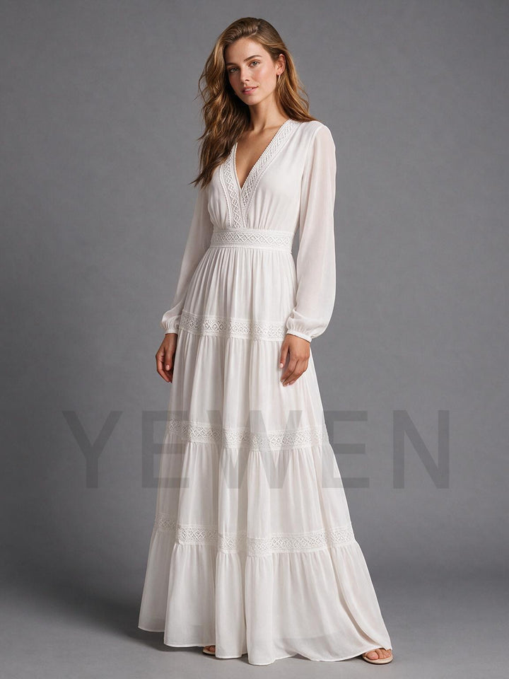 Ivory V-Neck Long Sleeve High Waist Boho Wedding Dress with Lace Trim