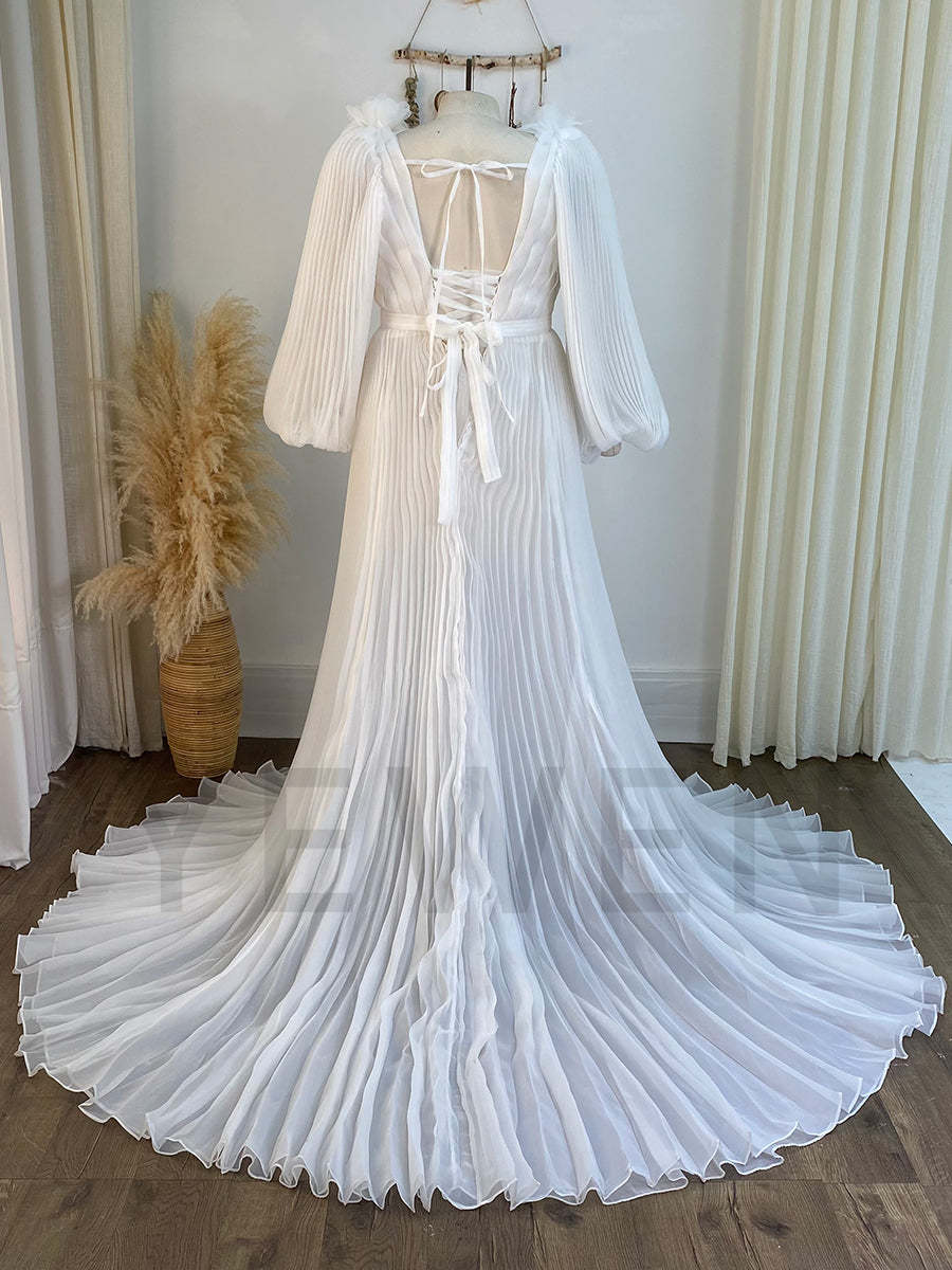 Long Sleeves V Neck Wedding Bridesmaid Dress Soft Organza Pleated Dress YW243114