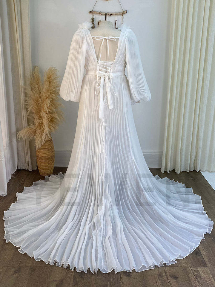 Long Sleeves V Neck Wedding Bridesmaid Dress Soft Organza Pleated Dress YW243114