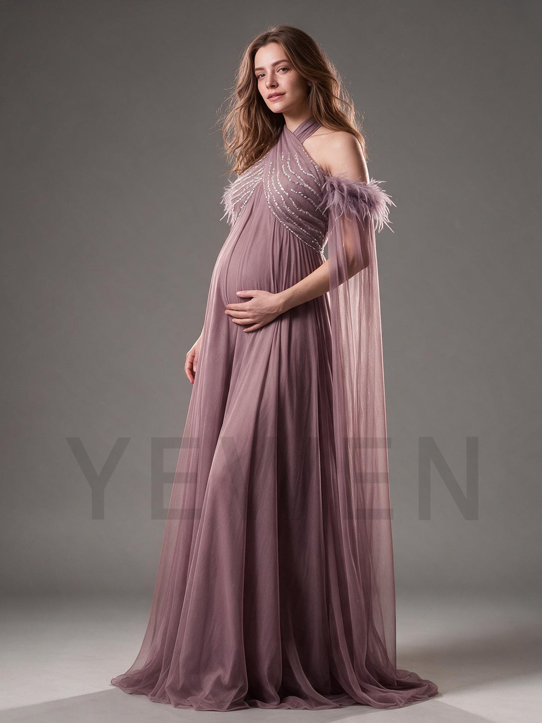 Feather Trim Sequin Halter Maternity Dress for Baby Shower YW2609235