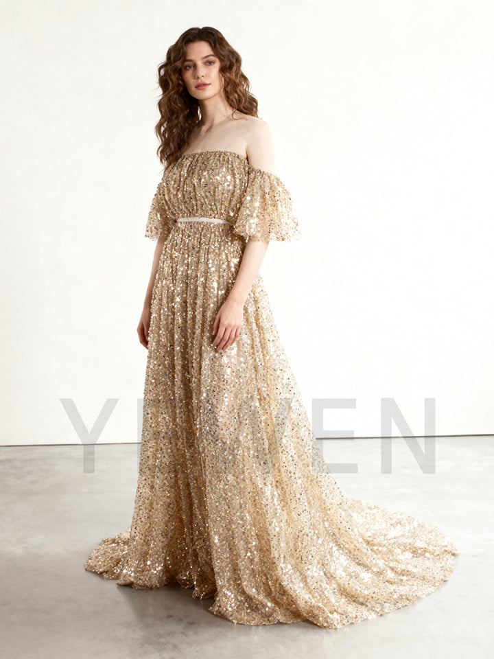 2 Piece Set Gold Sequin with Pearls Matrenity Boho Dress for Photoshoot Pregnancy Photography Baby Shower Dress YW243162