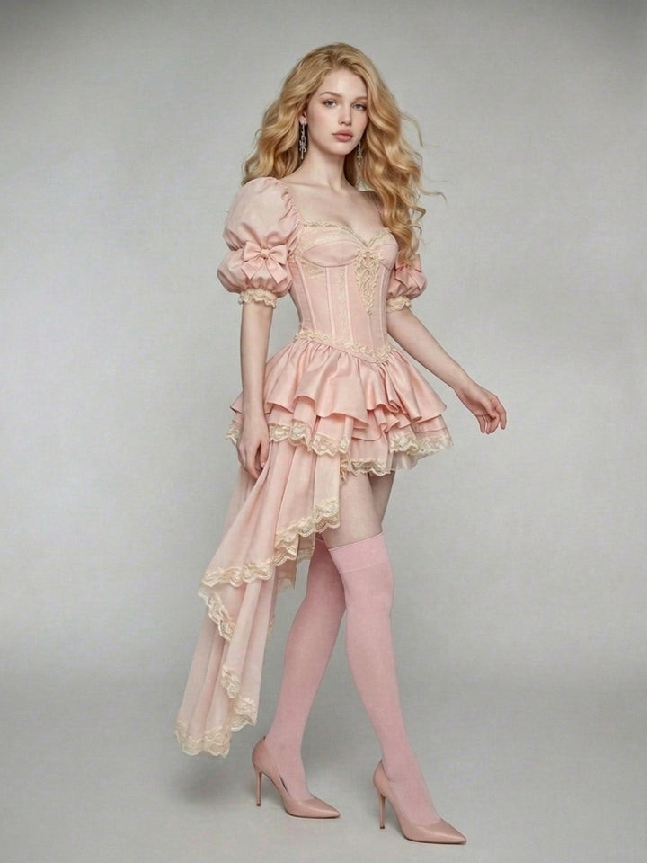 High-Low Pink Corset Princess Dress With Bow Puff Sleeves & Ruffles WT268010