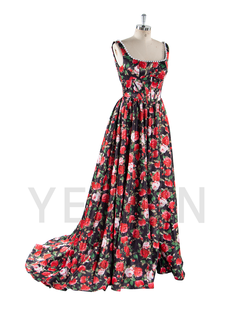 Long Satin Printed Floral Prom Dress A Line Evening Dress for Women 2025