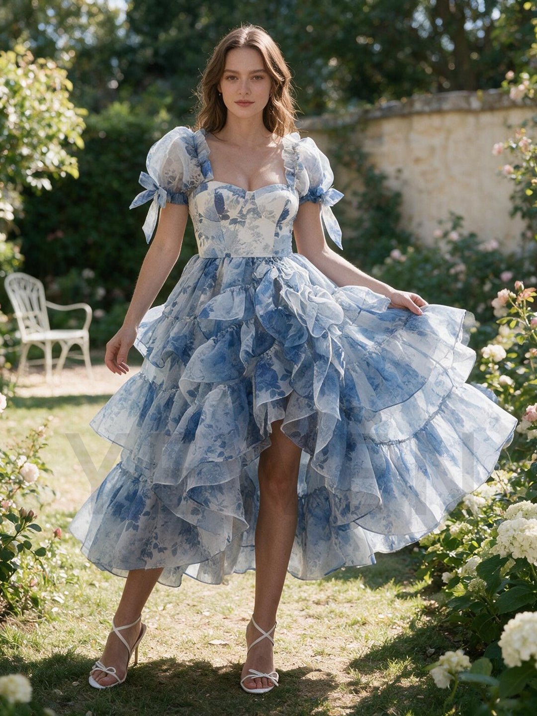 Blue Floral Puff Sleeve High-Low Tiered Ruffle Princess Gown YW2609292