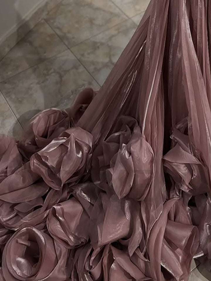 Luxury Evening Dresses Big 3D flowers Pleated Skirt Long Sleeves Evening Gown