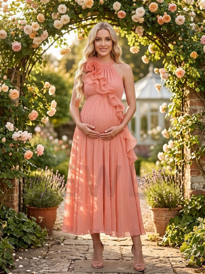 Halter 3D Floral Ruffle Chiffon Maternity Baby Shower Dress L-26936