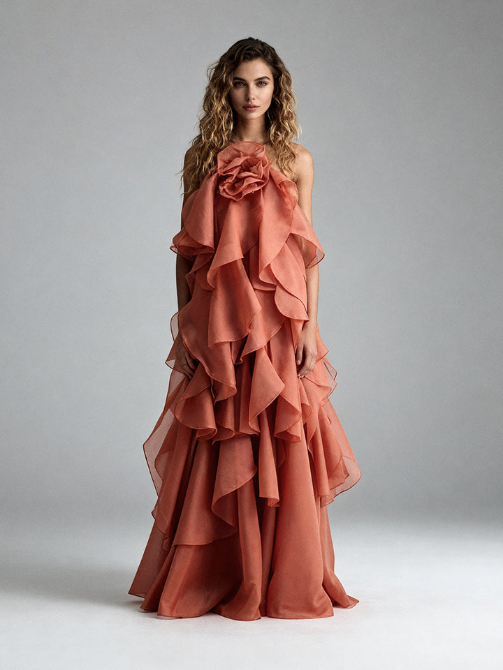 Solid Spliced Ruffles Party Beach Dress Backless Slim Maxi Dress