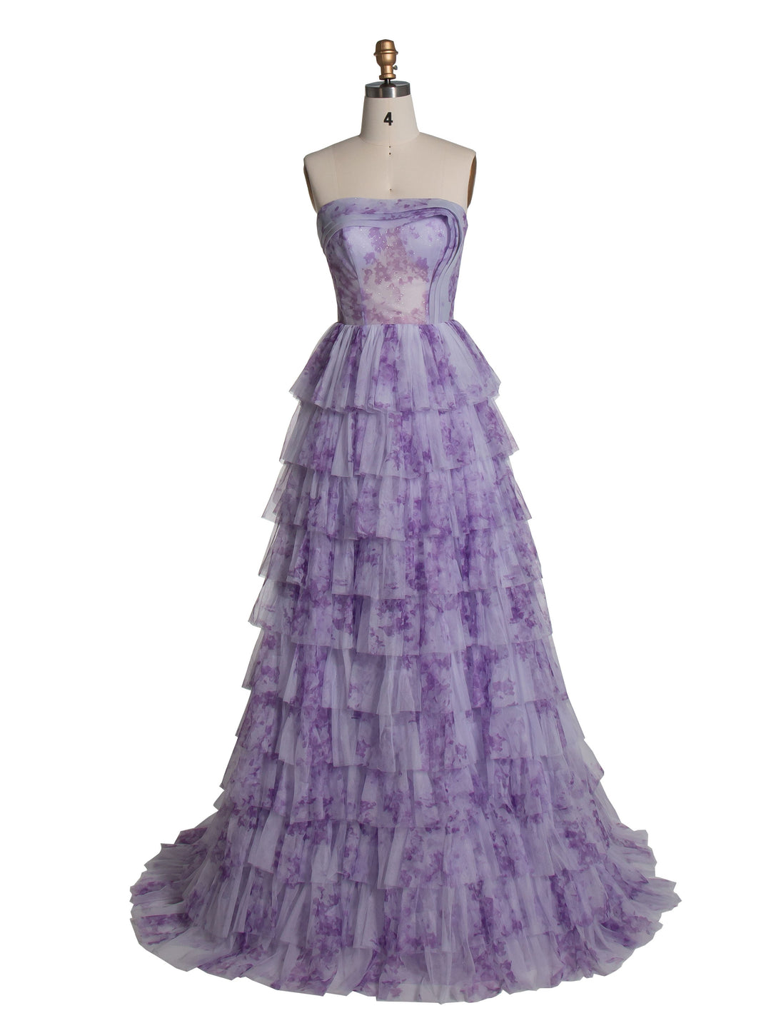 Lavender Tiered Gown Elegant Layered Printed Tulle Prom Party Dress YE3024