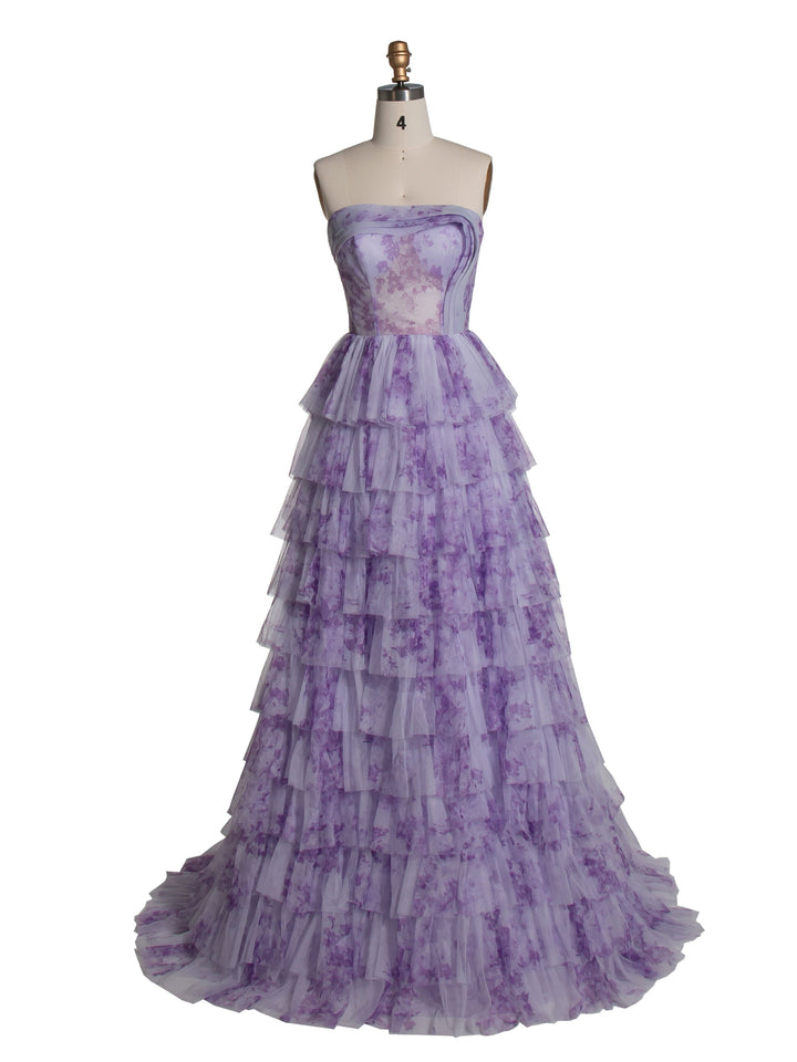 Lavender Tiered Gown Elegant Layered Printed Tulle Prom Party Dress YE3024