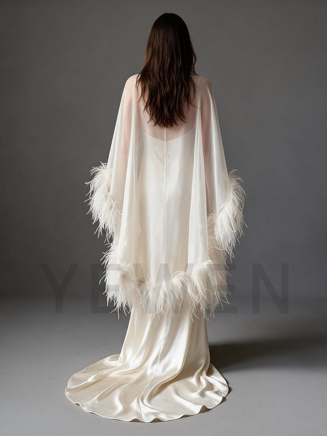 Ivory Sheer Cape Ostrich Feather Satin Evening Gown YW2610063