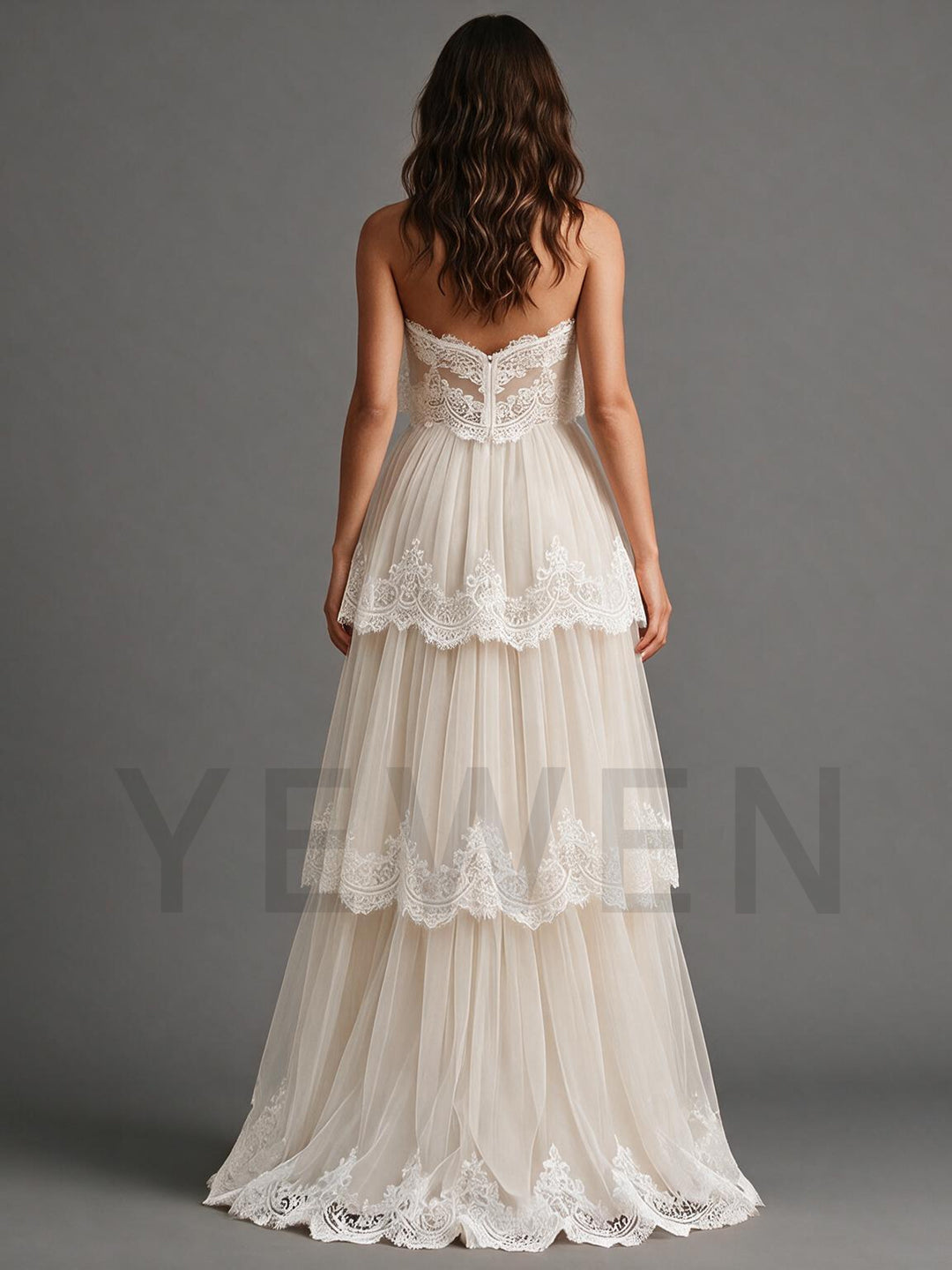 Ivory Strapless Sweetheart Layered Lace Boho Wedding Dress