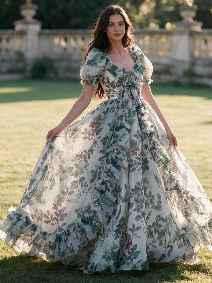 Cream Green Botanical Floral Puff Sleeve Princess Dress YW2610162