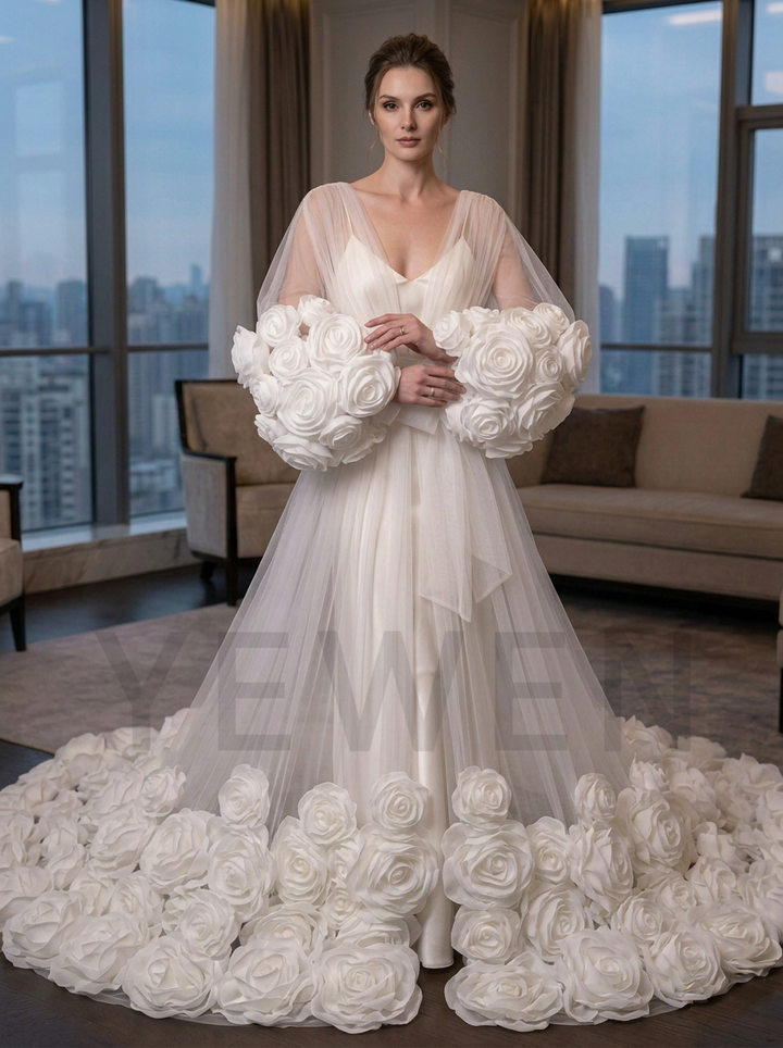 Luxury 3D Organza Flower Bridal Robe Wedding Robe with Flowers Train YD260727