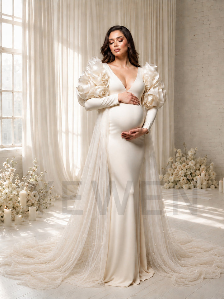 Ivory Deep V-Neck 3D Rose Shoulder Maternity Photoshoot Gown HY269001