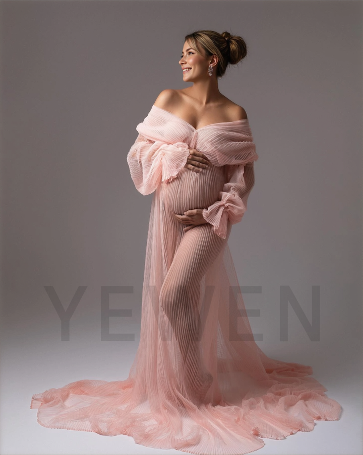 Long Sheer Tulle Maternity Dress for Photoshoot Pleated Pregnancy Gown for Photoshoots YW250029