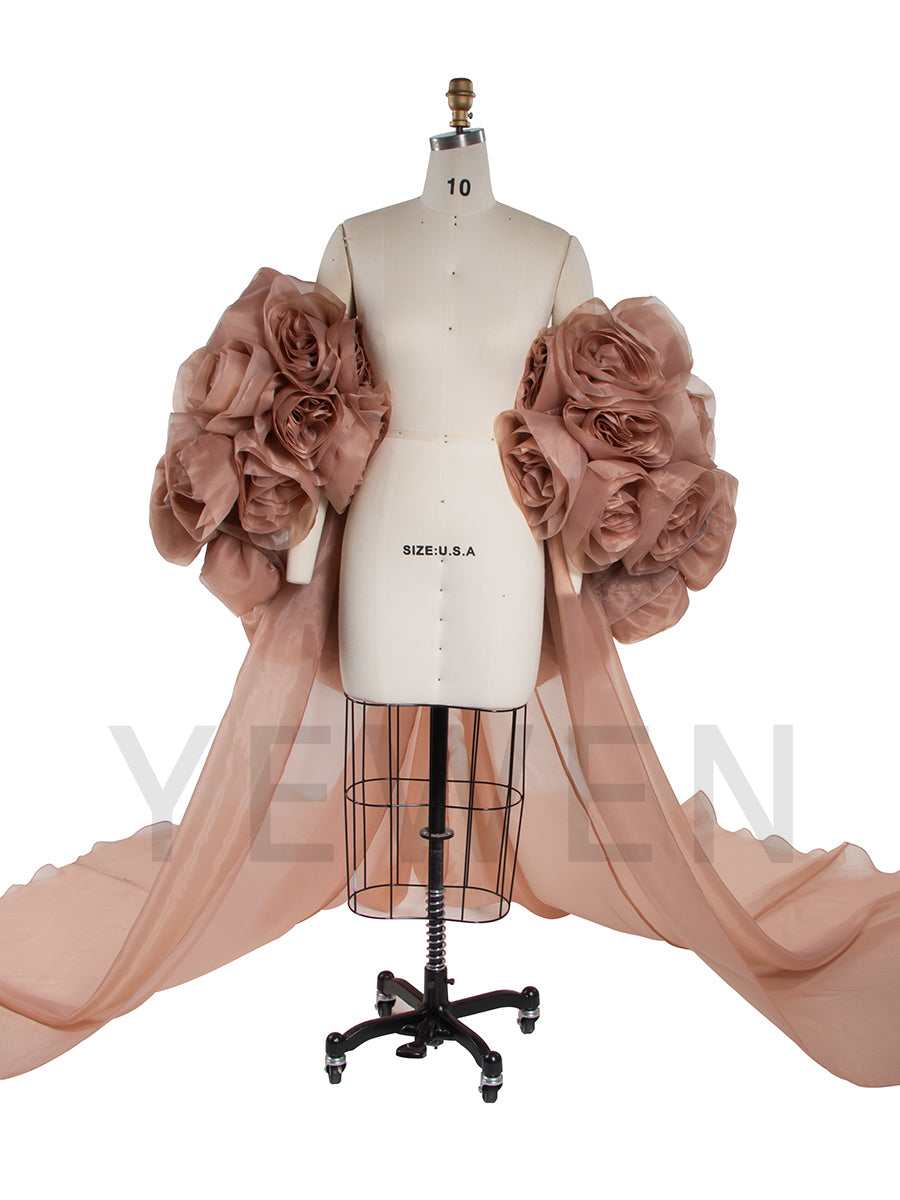 Gorgeous Handmade 3D Flower Short Cape with Detachable Train Elegant Wedding Cover Up Bridal Shawl YW250028