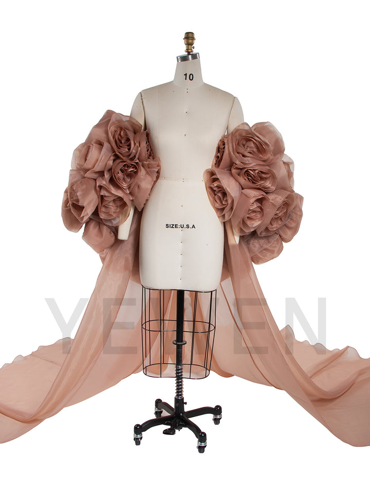 Gorgeous Handmade 3D Flower Short Cape with Detachable Train Elegant Wedding Cover Up Bridal Shawl YW250028