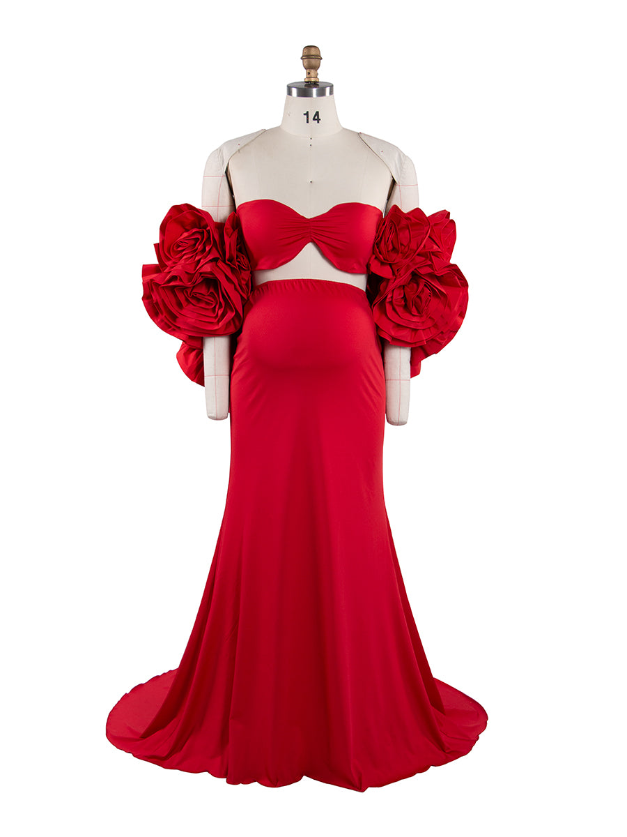 Red Maternity Flowers Cape with Skirt  2 Piece Set Pregnant Gowns Baby Shower Dress YW251040