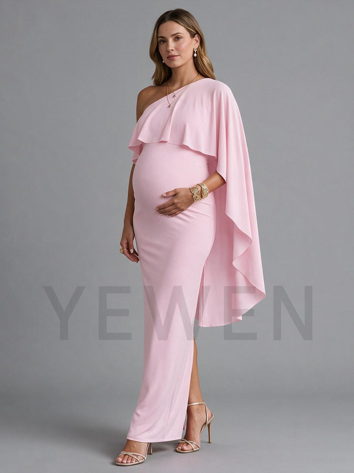 One-Shoulder Cape Sleeve Maternity Dress for Baby Shower YM261003