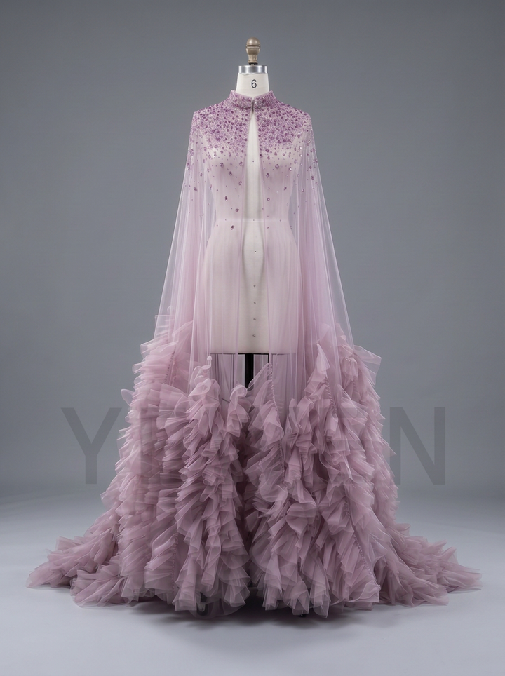 Dusty Pink Tulle Rose Cape Mermaid Maternity Baby Shower Gown YW260822