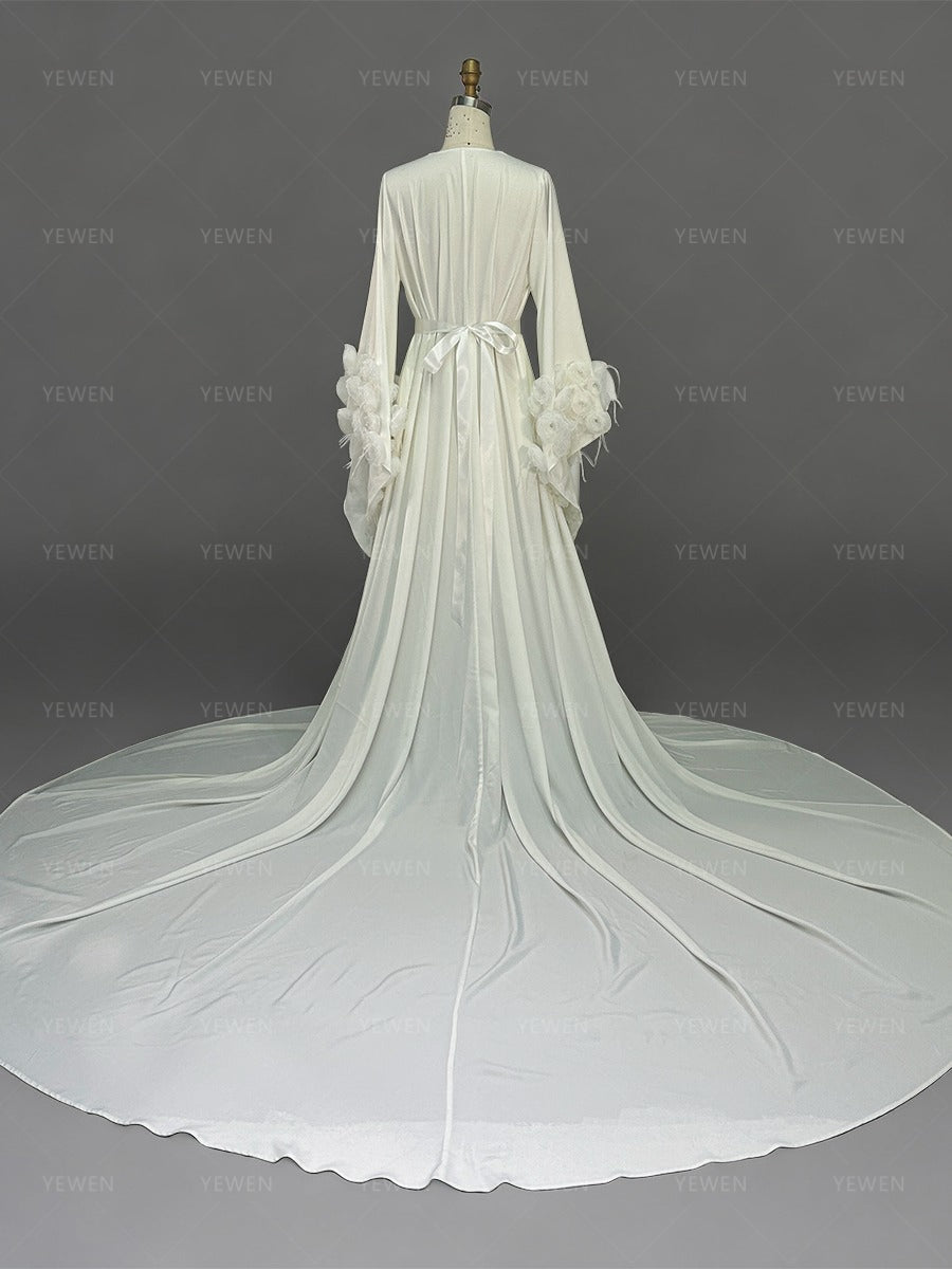 Flowing Bridal Robe Bell Sleeves with Delicate Handmade Flowers Wedding Robe for Bridal YW260248