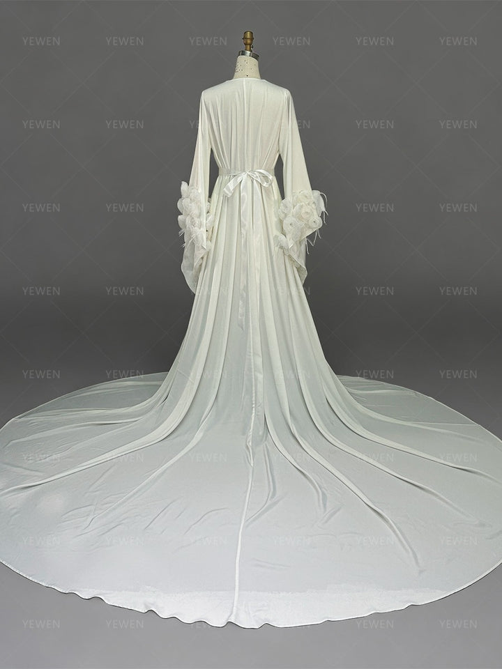 Flowing Bridal Robe Bell Sleeves with Delicate Handmade Flowers Wedding Robe for Bridal YW260248