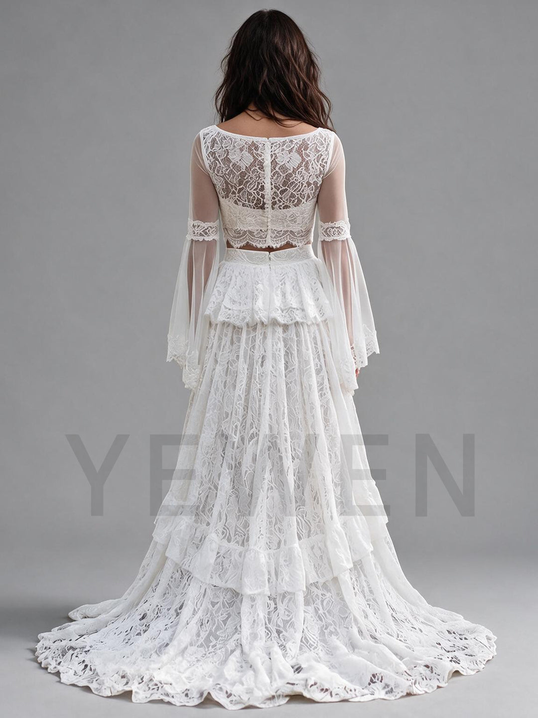 Ivory Two-Piece Sheer Long Sleeve Floral Lace Boho Wedding Dress