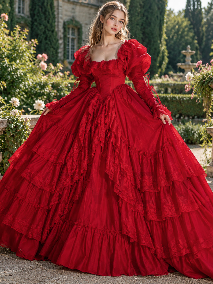 Red Lace Ruffle Off-Shoulder Puff Sleeve Princess Dress YW2609298