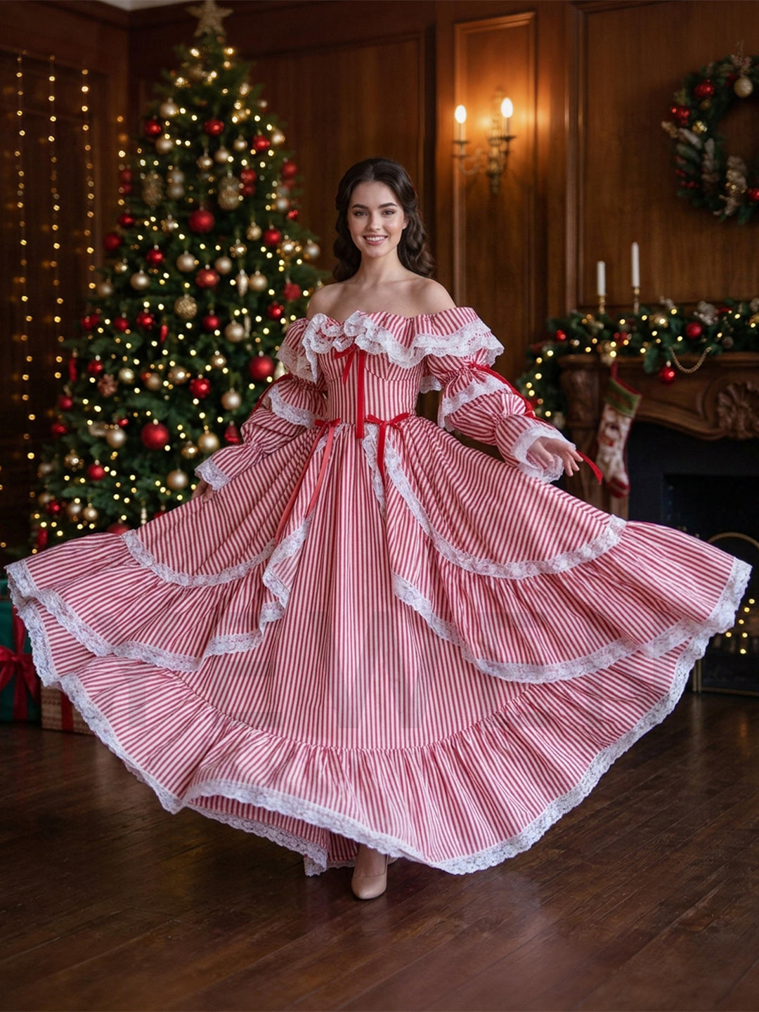 Red White Strip Lantern Sleeve Princess Dress for Christmas YW2610215