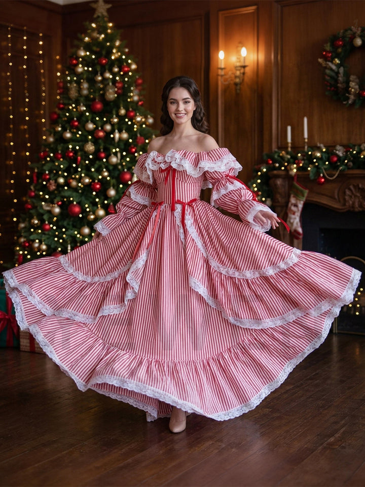 Red White Strip Lantern Sleeve Princess Dress for Christmas YW2610215