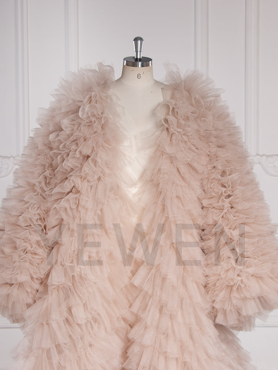 Luxury Volume Tulle Long Jacket Puffy Sleeves Women Cloak Outwear YW251038