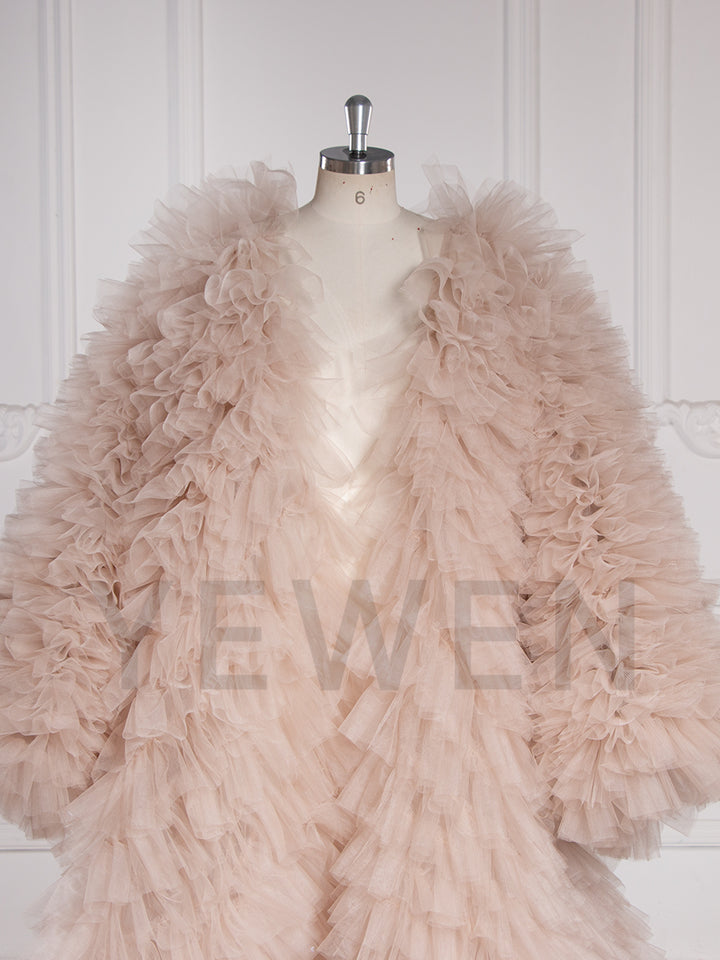 Luxury Volume Tulle Long Jacket Puffy Sleeves Women Cloak Outwear YW251038