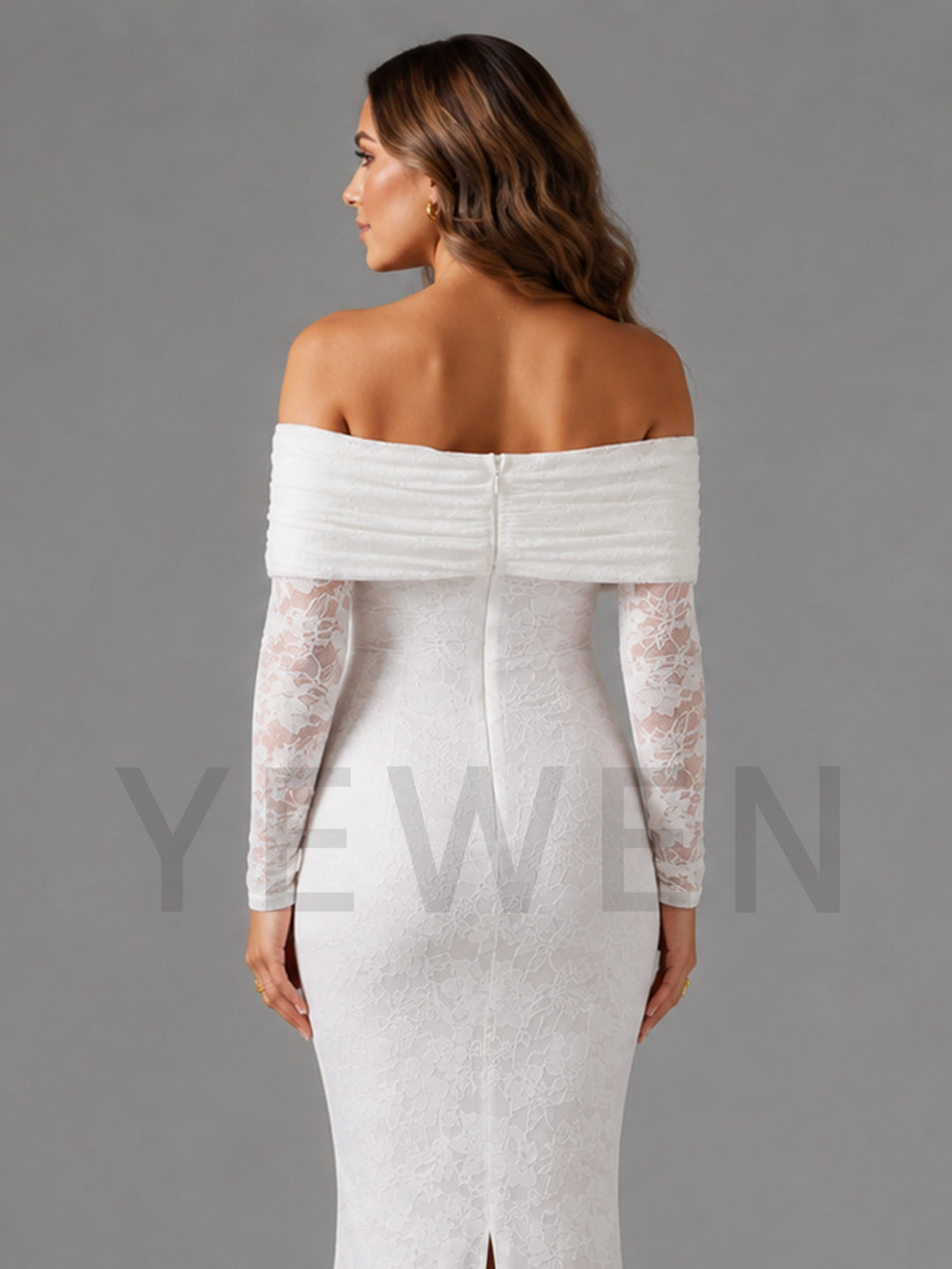 White Lace Fitted Maternity Gown with Satin Bow Pregnancy Baby Shower Gown