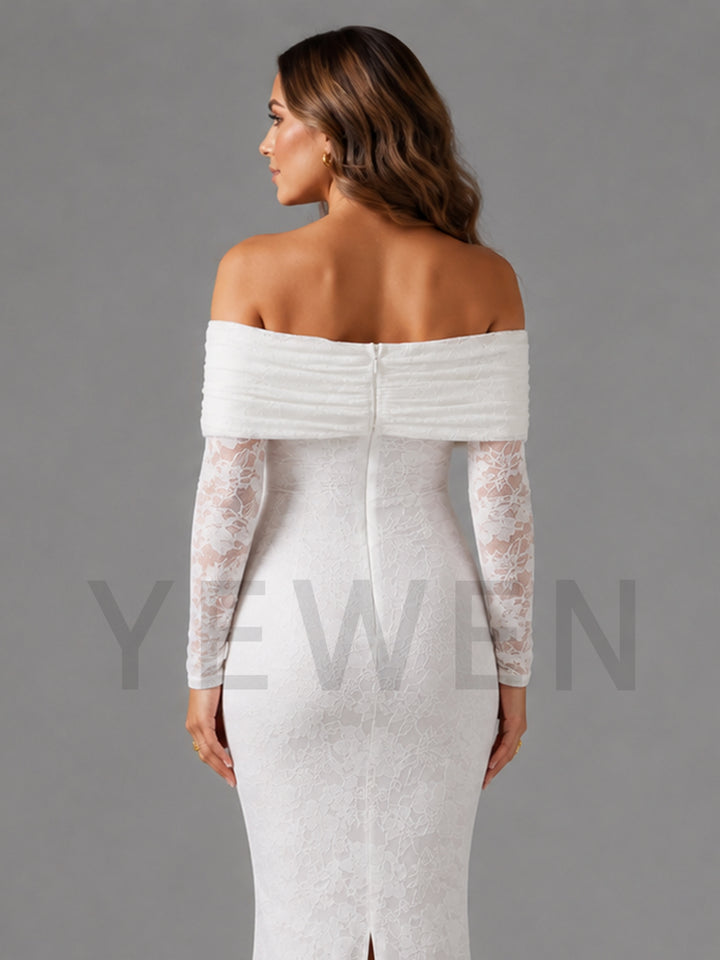 White Lace Fitted Maternity Gown with Satin Bow Pregnancy Baby Shower Gown
