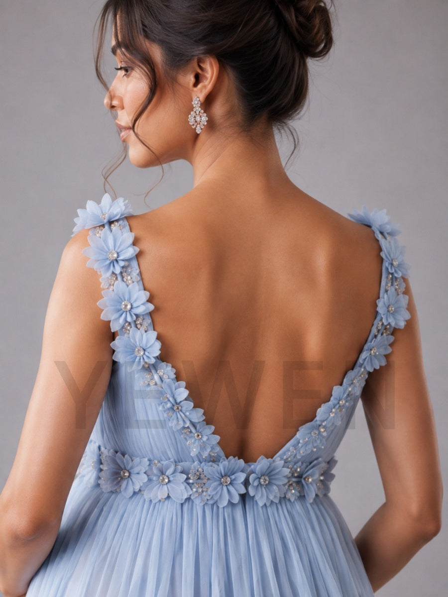 Light Blue Square Neck 3D Floral Maternity Baby Shower Dress L-26926