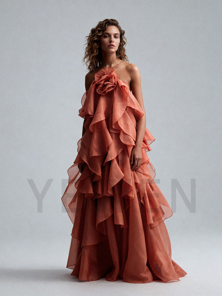 Solid Spliced Ruffles Party Beach Dress Backless Slim Maxi Dress