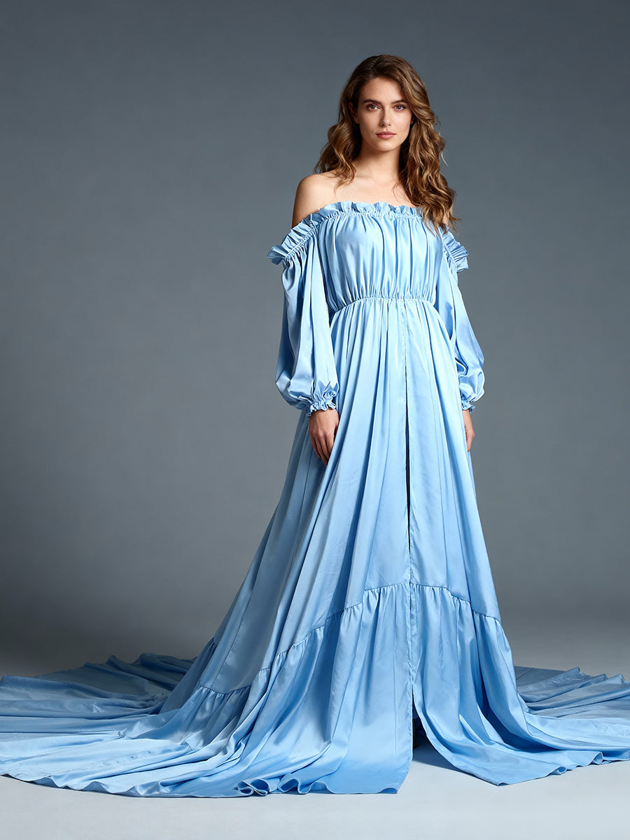 Off Shoulder Long Sleeves Satin Dresses Front Slit Photography Dresses Maternity Dress for Baby Shower YW220316