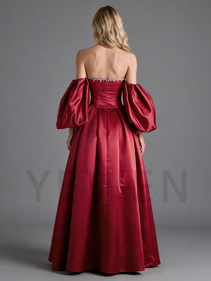 Burgundy Strapless Puff Sleeve Rhinestone Christmas Dress YW2609224