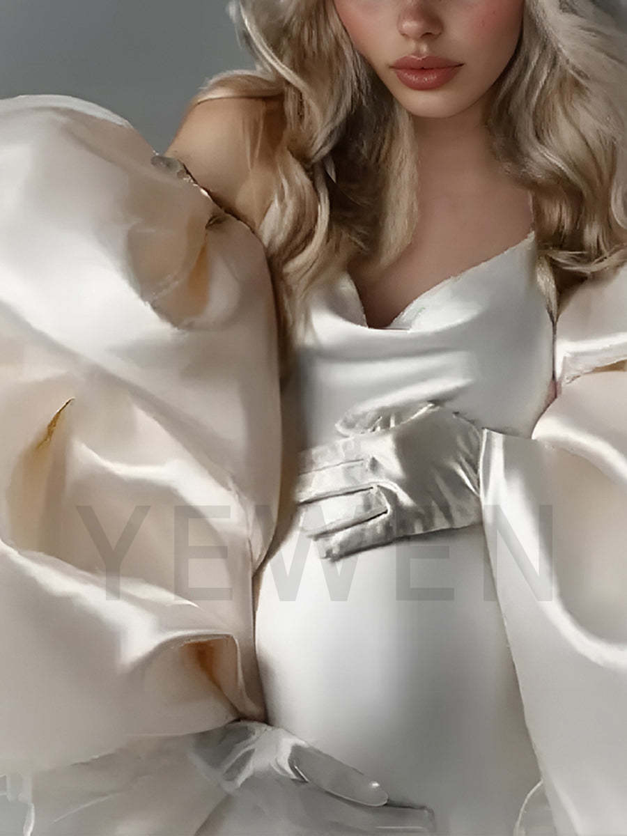 Satin Puffy Sleeves Maternity Photoshoot Dress Ruffle Pregnancy Photography Outfit YW250063