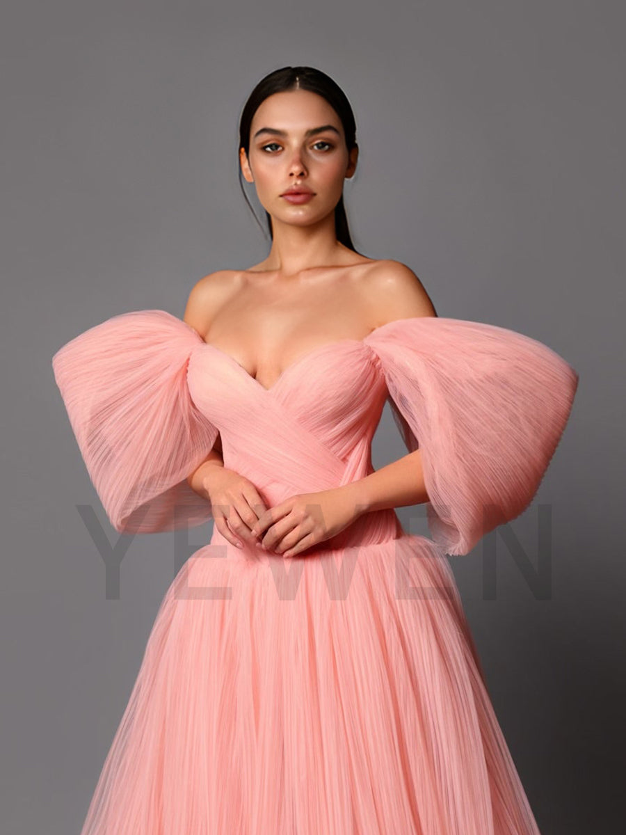 Fashionable Pleated Evening Dress A Line Off Shoulder Formal Gown