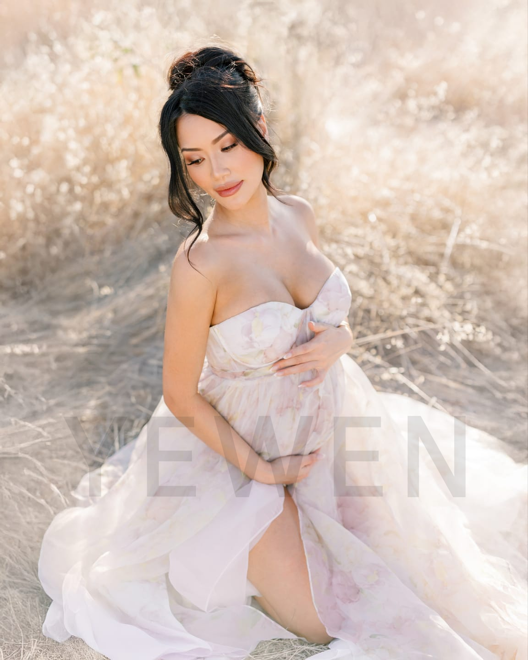 High Waist Printed Floral Organza Dresses for Baby Shower Maternity Gown for Photo Shoot  YW221105-3