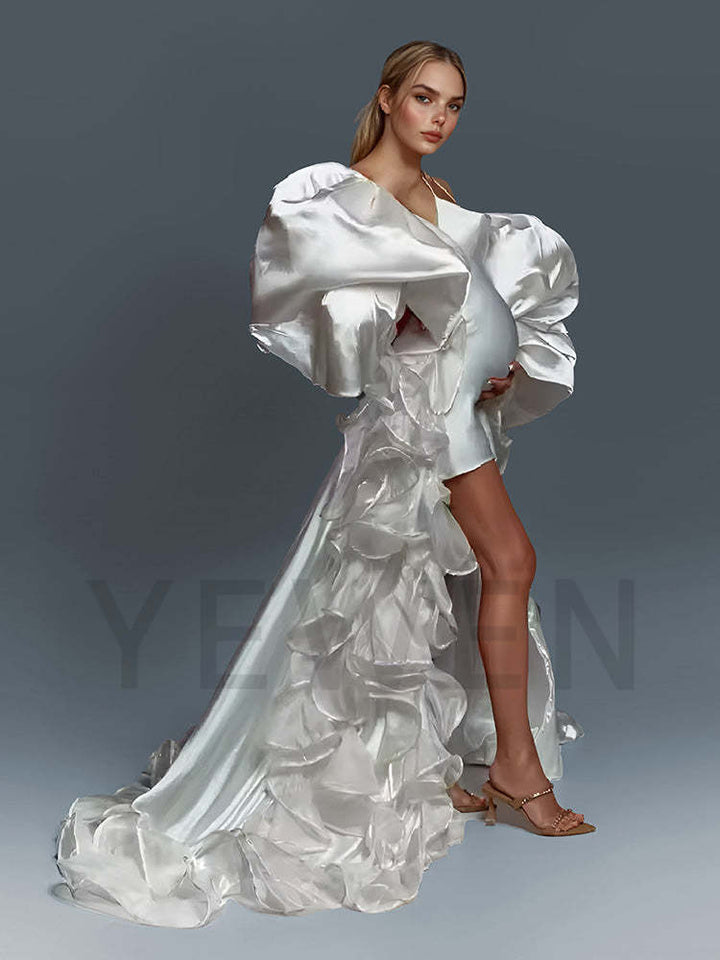 Satin Puffy Sleeves Maternity Photoshoot Dress Ruffle Pregnancy Photography Outfit YW250063