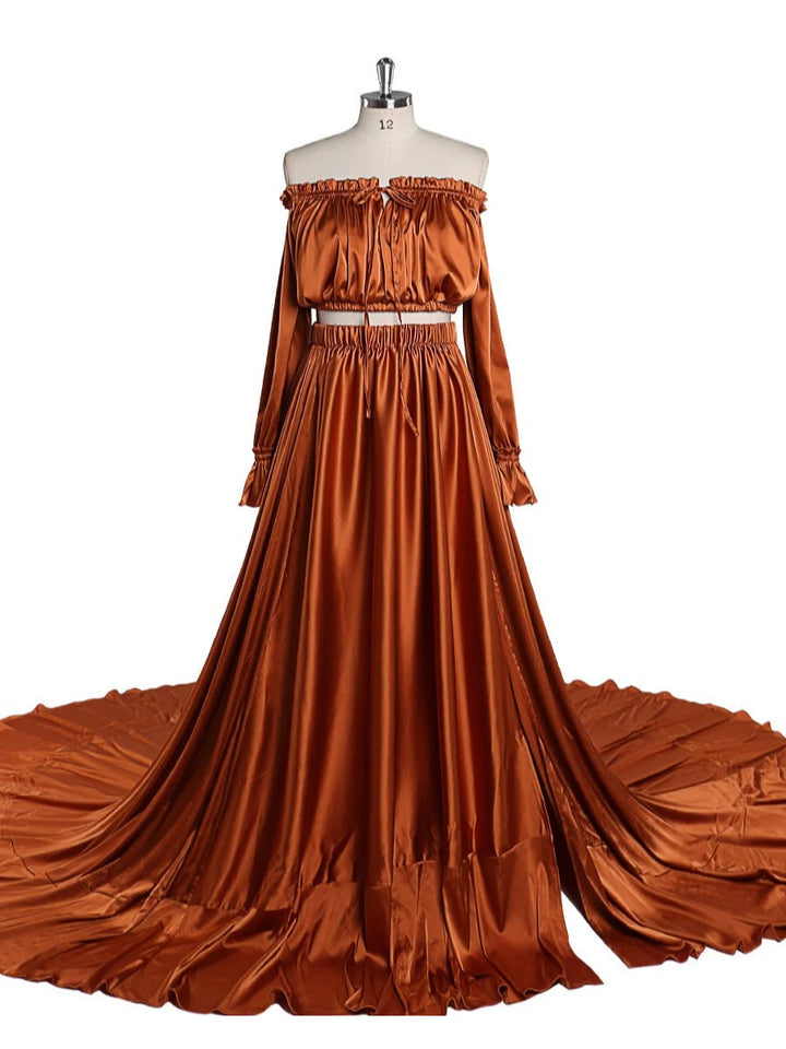 Soft Satin Off Shoulder Maternity / Non Maternity Dresses for Photo Shoots Side Slit Photography Dresses Fancy Photography Props YEWEN YD21801-1