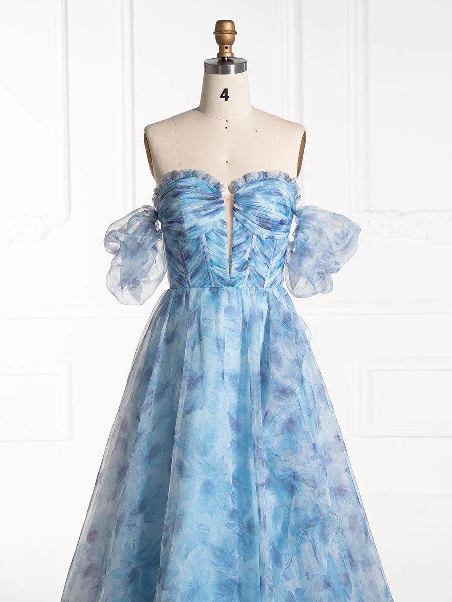 Off The Shoulder Blue Floral Printed Organza Party Dress YE3008