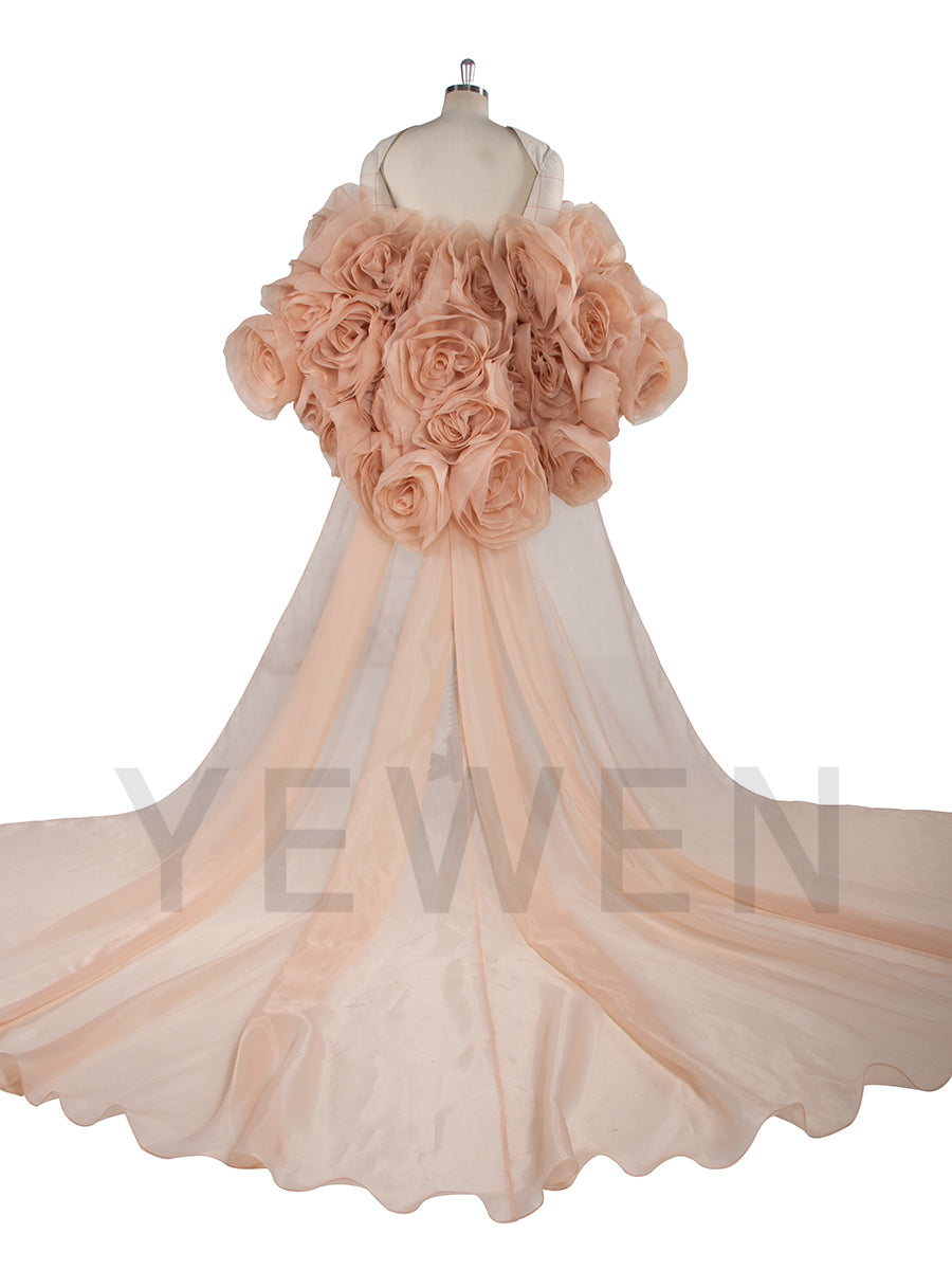 Gorgeous Handmade 3D Flower Short Cape with Detachable Train Elegant Wedding Cover Up Bridal Shawl YW250028