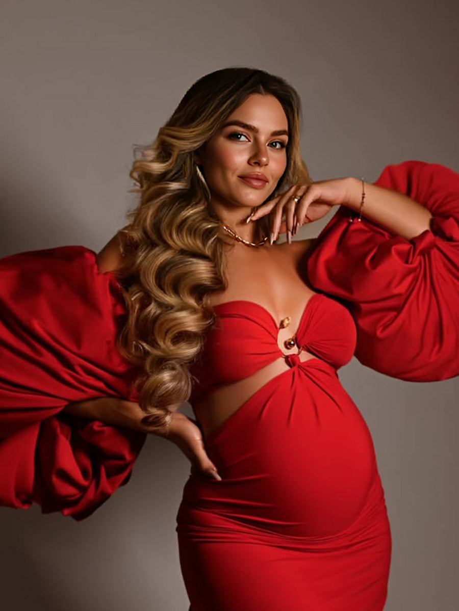 Stretch Mermaid Maternity Photoshoot Dress Puffy Sleeve Baby Shower Gown YW251024