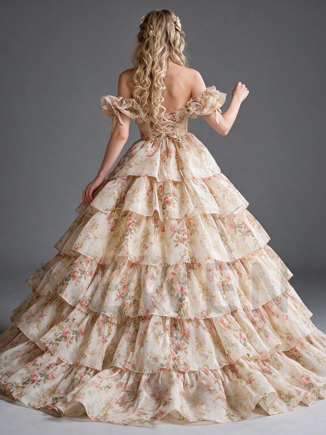 Vintage Rose Floral Off-Shoulder Puff Sleeve Princess Dress YW2609296