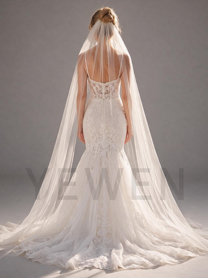 Ivory Spaghetti Strap Mermaid Floral Lace Wedding Dress (without Veil)