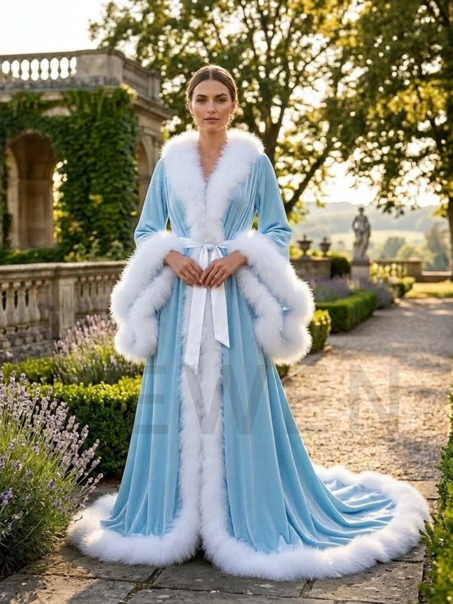 Christmas Robe with White Faux Fur Trim and Flared Sleeves YD261015